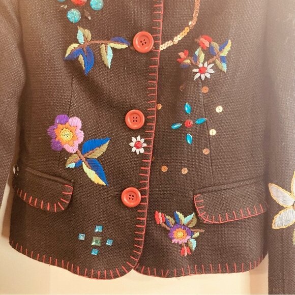 ZARA BASIC Sz S Embroidered Sequins Rhinestones Linen Blend Blazer Jacket  NWOT - Picture 3 of 13